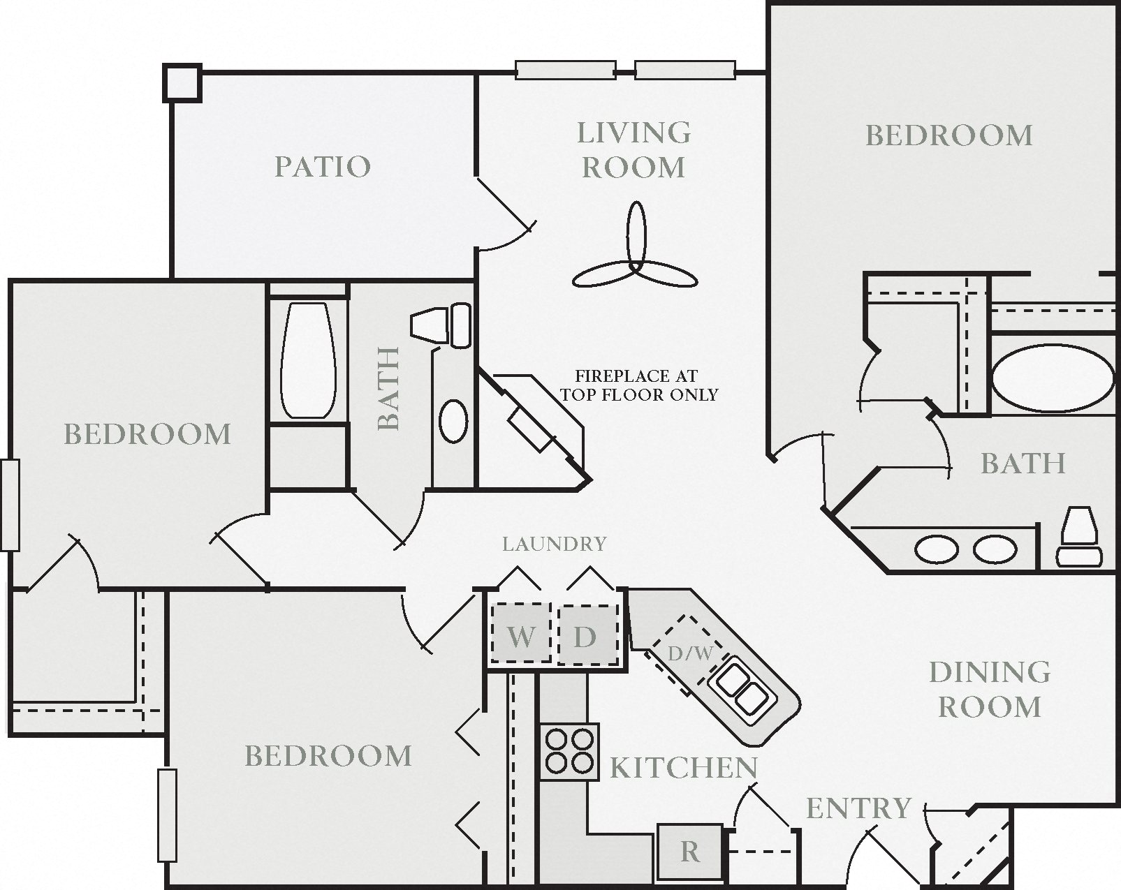 Floor plan for 3 beds, 2 baths, 1454 sqft